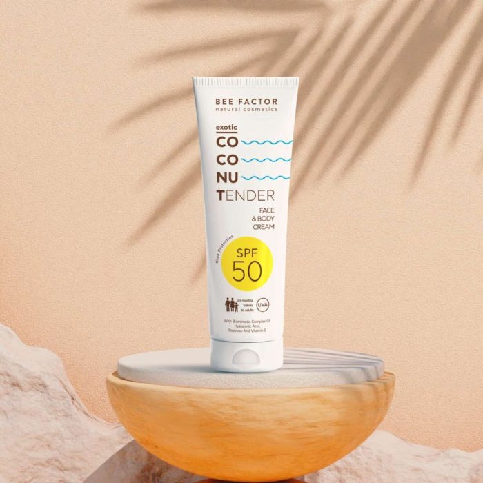 Αντηλιακή Κρέμα BeeFactor SPF50 Exotic Coconut για πρόσωπο & σώμα, κατάλληλη από 12, με υαλουρονικό και βιταμίνη Ε