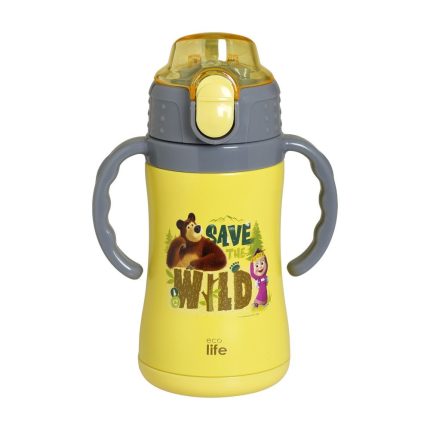 Ανοξείδωτο Παγούρι Θερμός με Καλαμάκι Ecolife Kids Thermos 300ml Masha-Save The Wild Κίτρινο