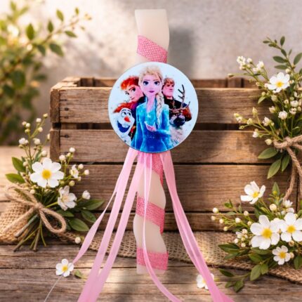 Χειροποίητη Αρωματική Λαμπάδα με Ξύλινο Διακοσμητικό Frozen - Σχέδιο Α