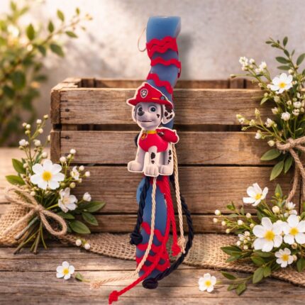 Χειροποίητη Αρωματική Λαμπάδα με Ξύλινο Διακοσμητικό Paw Patrol Marshall