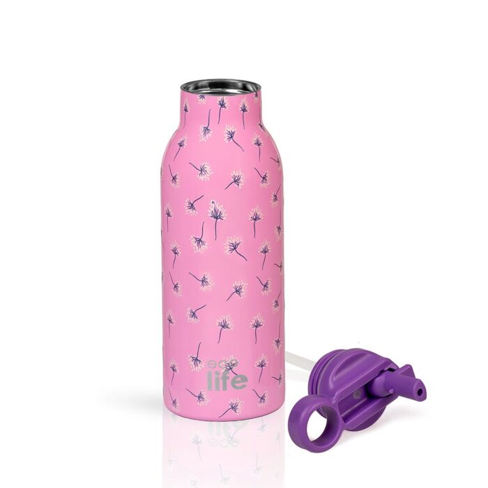 Ανοξείδωτο Παγούρι Θερμός με Καλαμάκι Ecolife 550ml - Pink Dandellion - Image 2