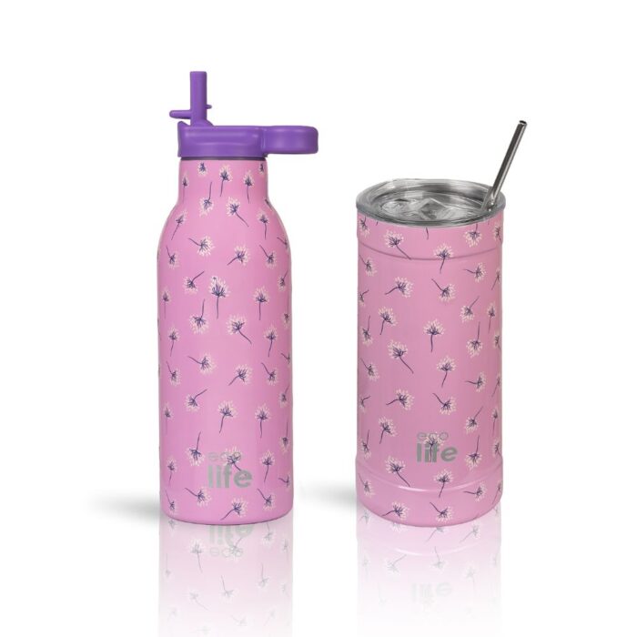 Ανοξείδωτο Παγούρι Θερμός με Καλαμάκι Ecolife 550ml - Pink Dandellion - Image 4