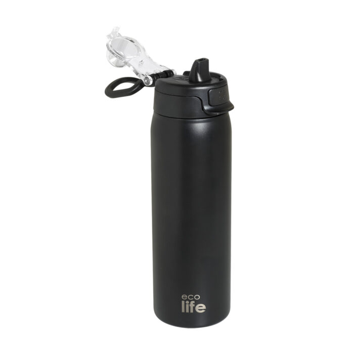 Ανοξείδωτο Παγούρι Θερμός με Διπλό Στόμιο και Καλαμάκι Ecolife 650ml - Deep Black - Image 2